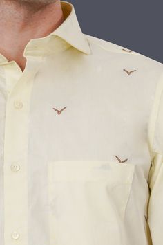 Step into sophistication with our Bone Beige Birds Printed Jacquard Textured Premium Giza Cotton Shirt. The exquisite jacquard texture adds a touch of luxury, while the birds printed design enhances its charm. With a cutaway collar, this shirt seamlessly combines style and comfort, making it a refined choice for any occasion. Fused collar and cuffs, collar stand and flat felled side seams provide structure and stability to all our shirts. 100 % Premium Giza Cotton: Long staple, smother, resistan Jacquard Shirt, Cutaway Collar, Luxury Linen, Giza, Shoulder Shirts, Jacquard Weave, White Aesthetic, Bird Prints, Collar And Cuff