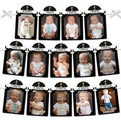 a bunch of baby pictures hanging on the wall with ribbon around them, all in black and white