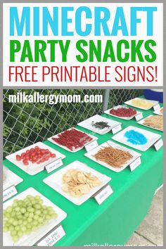 a green table topped with lots of different types of snacks on plates next to a fence