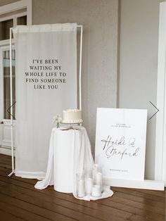 Engagement Party Signage, Plinths Wedding, Cake Plinth, Winter Engagement Party, Party Signage, Dinner Party Table Settings, Hunter Wedding, Indie Wedding, White Wedding Theme