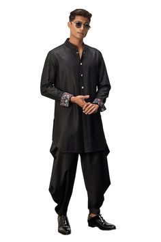 Black short kurta with floral print and thread embroidery. Comes with dhoti pant. - Aza Fashions Kurta Patterns, Short Kurta, Dhoti Pants, Thread Embroidery, Embroidered Shorts, Pant Set, Mandarin Collar, Aza Fashion, Black Shorts