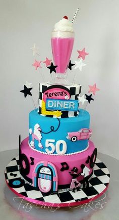 a birthday cake decorated with pink and blue frosting