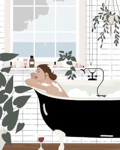 a woman taking a bath in a black tub next to a window with potted plants