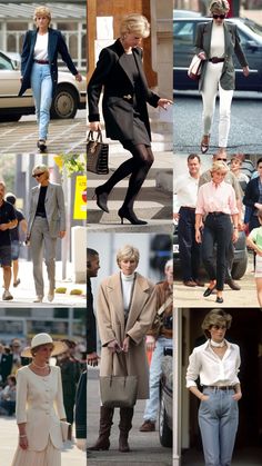 many different pictures of people walking down the street and one is wearing a hat, while another has her hand in her pocket