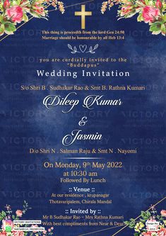 an ornate wedding card with flowers and cross on the front, in navy blue background