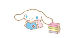 a cartoon bunny reading a book next to stacks of books