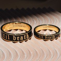 The thicker version of our best-selling 4mm Til Death Black Enamel Band, this 6mm ring makes a unique wedding band or statement piece. It's the perfect way to honor those in your life whose love lasts forever. Due to the width of this band, we recommend sizing a half size up, especially when stacking. This band cannot be resized after purchase. Marrow Fine, Dark Wedding Theme, Ellie Saab, 14k Gold Wedding Band, Goth Wedding, Dark Wedding, Future Wedding Plans, Dream Engagement, Gothic Wedding