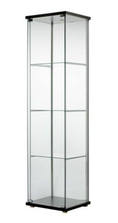 a tall glass display case with four shelves