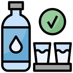 a bottle of water and two glasses with a green check mark on the top one