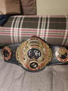 a belt that is sitting on top of a couch in front of a plaid pillow