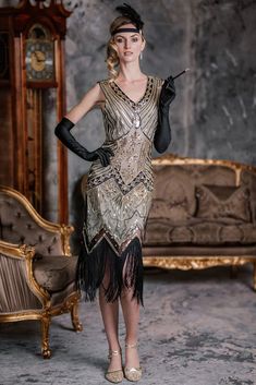 [US Warehouse] Champagne 1920s Sequined Flapper Dress – Retro Stage - Chic Vintage Dresses and Accessories Gatsby Style Flapper Dress For Party Season, Vintage Flapper Dress For Holiday Evenings, Fitted Vintage Flapper Dress For Holidays, Glamorous Sequined Flapper Dress For Vintage Events, Vintage Flapper Dress For Evening Party Season, Fitted Vintage Flapper Dress For Festive Occasions, Gold Fitted Flapper Dress For Costume Party, 1920s Gold Party Dress, Vintage Gold Flapper Dress For Party