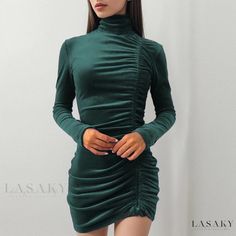 Lasaky - Stylish Long Sleeve Ribbed Turtleneck Dress with Drawstring and Bodycon Fit Green Dresses Wedding, Backless Green Dress, Dark Green Dresses, Tight Long Sleeve Dress, Velvet Bodycon Dress, Spring Dresses Women, Short Bodycon Dress, Pencil Skirt Dress, Drawstring Dresses