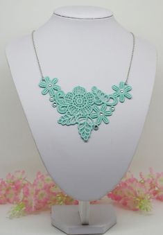 Mint green lace necklace  is suitable for every special occasion and also for ordinary days. It can be a wonderful gift for yourself or a friend! Embridery lace necklace is made from polyester thread. This special necklace is made from beige thread.  Total lenth of the necklace is 48cm (18.89inch) Each piece that you will find in the collection is made one at a time, with carefully selected materials, and most styles are created in very small runs according material availability.  Handmade in ou Handmade Adjustable Necklace For Bridesmaid Gift, Handmade Adjustable Necklace For Bridesmaids, Delicate Green Necklace For Gift, Turquoise Flower Jewelry For Wedding, Adjustable Green Necklace For Wedding, Turquoise Flower-shaped Jewelry For Wedding, Delicate Green Necklace For Wedding, Turquoise Flower-shaped Wedding Jewelry, Handmade Delicate Bridal Necklace For Gift