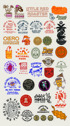 a large poster with many different types of logos on it's sides and the words, little red roaster