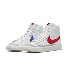 Nike Blazer Mid '77 Vintage 'White Blue Red' BQ6806-117 Blazer 77, Blazer Mid 77 Vintage, Basket Vintage, Nike Blazer Mid 77, Nike Blazer Mid, Club Shoes, Nike Blazers Mid, Adidas Spezial, Vintage Sneakers