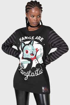 FANGTASY STRIPE.- Soft, stretch cotton.- Statement custom graphic.- Striped long sleeve.- Crew neckline.- Text reads "FANGS ARE FANGTASTIC"- Relaxed fit.With KILLSTAR branding, Main Body: 100% Cotton, Sleeves: 95% Cotton 5% Elastane.Machine wash cold (30°c) / Do not bleach / Do not tumble dry / Iron at low temperature / Do not dry clean. Imported. Long Cut, Striped Sleeve, Grunge Outfits, Striped Long Sleeve, Stretch Cotton, Crew Neckline, Black Shirt, Bleach