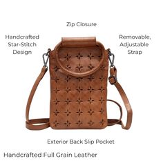 We love how this small scale crossbody elongates our legs. Slim profile, no-bulk versatile bag carries phone, glasses and other small essentials. Bag can be worn hand-held with rounded + lightly padded top handles, or as crossbody with an adjustable crossbody strap. Beautiful hand-crafted star stitch design. Oh, and did we mention our signature hidden cell phone pocket on the back? See Starstruck and Starlight for larger versions. Details 100% Full-grain leather handcrafted by artisans in South Versatile Leather Phone Bag For Daily Use, Everyday Leather Phone Bag With Adjustable Strap, Leather Handheld Phone Bag With Adjustable Strap, Everyday Phone Bag With Detachable Strap Tote, Everyday Tote Phone Bag With Detachable Strap, Everyday Phone Bag With Detachable Strap, Daily Use Satchel Phone Bag With Adjustable Strap, Daily Use Phone Pouch Bag With Adjustable Strap, Versatile Handheld Phone Bag For Everyday