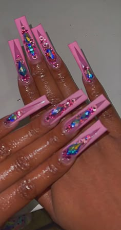 Valentines Bling Nails, Pink Long Nails With Diamonds, Extra Bling Nails, Pink Extra Nails, Junk Nails Bling, Pink Diamond Nails, Diamond Pink Nails, New Nail Tech