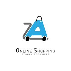 the logo for online shopping is blue and has a shopping bag on top of it