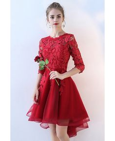 Fitted Half Sleeve Wedding Dress, Red Knee-length Mini Dress For Wedding, Formal Fitted Mini Dress With Half Sleeves, Spring Prom Dress With Half Sleeves, Red Half Sleeve Evening Dress, Red Semi-formal Dress For Spring, Red Semi-formal Spring Dress, Fitted Half Sleeve Semi-formal Dress, Fitted Half Sleeve Dress For Semi-formal Occasions