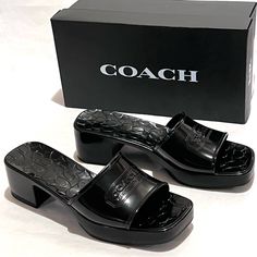 Coach Scarlett Rubber Block Heel Sandals Size 9 Black These Cute Block Heel Rubber Sandals Will Be Your Go-To-Sandal For The Warmer Months: - Rubber Material, With A Gloss Finish - Textured Coach “C” Logo Footbed - Ridge Soles - Square Toe - Single Strap With Coach Badge Logo Embossed On It - Heel Height Approximately 2.25”; Platform Approximately 1” - Color: Black - Size Is 9 **Warning: These Are My Original Pictures And Listing And Are Not Permitted For Use Anywhere Else** See My Other Coach L Black Block Heel Evening Sandals, Designer Block Heel Sandals For Night Out, Trendy Black Sandals With Heel Strap, Coach Sandals For Summer Evenings, Designer Black Sandals With Padded Heel, Luxury Coach Sandals For Spring, Black Patent Leather Sandals For Formal Occasions, Black Heels With Heel Strap, Trendy Black Evening Sandals