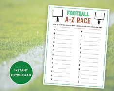 a printable football a - z race game is on the grass with a green field in the background