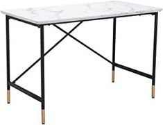 a white marble top table with black metal frame and gold legs, on a white background