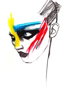 a drawing of a woman's face with multicolored hair and make - up