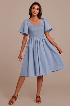 Light Blue Short Sleeve Square Neck Smocked Midi Dress Square Cut Dress, Sweaters And Skirts, Short Blue Dress, Baby Blue Dress, Lace Dress Casual, Baby Blue Dresses, Light Blue Shorts, Dress With Short Sleeves, Swimwear Dress