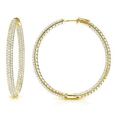 These show stopping hoop earrings showcase 460 round-cut sparkling white lab grown diamonds in pave setting rows of diamonds for a 7 carat tw. pair. These unique diamond hoop earrings are crafted of exquisite 14k Yellow gold and secure with Safe Lock clasps for easy wear. These large hoops will be sure to make a bold fashion statement measuring almost 2 in height. Black Diamond Pendant, Black Diamond Studs, Gold Diamond Hoop Earrings, Halo Diamond Earrings, Solitaire Diamond Pendant, Gold Earrings Wedding, Colored Diamond Rings, Safe Lock, Halo Earrings