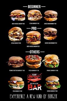 the menu for burgers is shown with different types of burgers and their prices