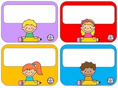 four different colored frames with children sitting on the floor and one is holding a pencil