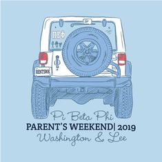 a blue and white jeep with the words parent's weekend written in black on it