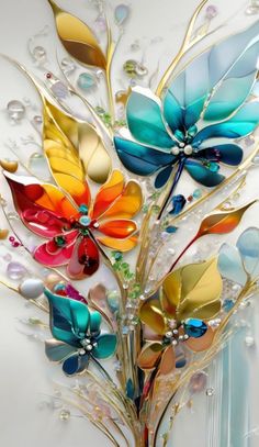 a colorful metal sculpture with flowers and leaves on it's side, in front of a white wall