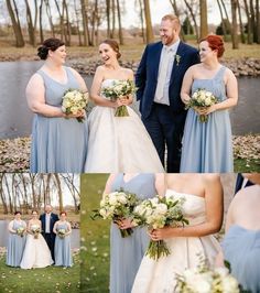 the bride and groom are posing for pictures in front of their wedding party by the water