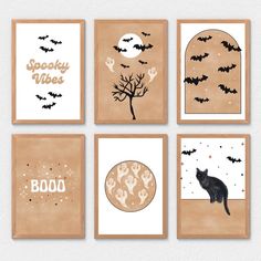 six halloween cards with black cats and bats