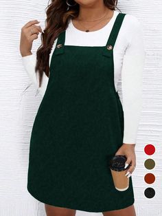 Plus Size Women Solid Color Casual Overall Strap Dress, Versatile For Autumn Green Casual  Sleeveless Knitted Fabric Plain Pinafore Non-Stretch  Women Plus Clothing, size features are:Bust: ,Length: ,Sleeve Length: Couple Pajamas, Strap Dress, Plus Clothing, All Fashion, Summer Women, Plus Size Dresses, Women Clothes Sale, Length Sleeve, Overalls