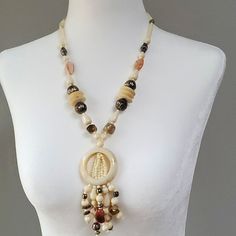 Real Stones Complement Cream Beads For A Soft And Soothing Look And Feel. Antiqued Silver Bead Accents Bohemian Necklace With Polished Round Beads, Beige Jewelry With Colorful Beads For Jewelry Making, Beige Beaded Chain Necklace With Round Beads, Costume Jewelry Necklaces With Round Beaded Chain, Metal Beaded Necklaces With Dangling Beads For Gifts, Beaded Chain Dangle Necklace In Costume Jewelry Style, Gift Beaded Necklace With Dangling Beads, Beaded Dangle Necklace In Costume Jewelry, Costume Jewelry Necklace With Beaded Chain And Dangle Shape