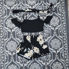 Size 9y, Black With Flowers Trendy Black Vacation Sets, Black Summer Sets For Vacation, Black Summer Vacation Sets, Black Beach Sets For Summer, Trendy Black Sets For Spring, Matching Sets, Kids Shop, Black Color, Fast Delivery