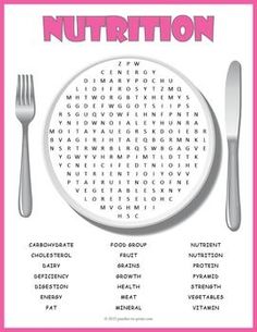 the word search is displayed on a plate with spoons and fork in front of it