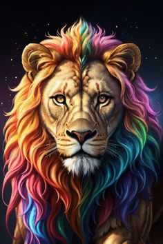 a painting of a lion with multicolored manes