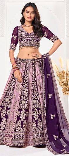 Multicolor color Lehenga in Georgette fabric with Embroidered work Semi-stitched Purple Lehenga With Motifs, Purple Floral Embroidered Lehenga For Eid, Purple Floral Embroidered Sharara For Wedding, Purple Floral Embroidery Lehenga For Eid, Wedding Multicolor, Engagement Lehenga, Reception Lehenga, Engagement Reception, Festive Wedding