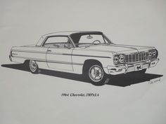 an old car is shown in this black and white drawing with the words chevrolet, impala