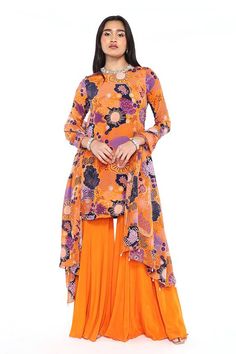 Yellow short tunic with floral print and embellished neckline in crepe base. Paired with a gharara and dupatta. - Aza Fashions Short Tunic, Floral Print Tunic, Embellished Neckline, Yellow Short, Tunic Pattern, Yellow Shorts, Print Tunic, Set For Women, Aza Fashion