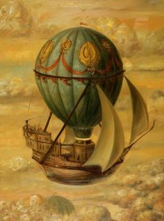 a painting of a hot air balloon floating in the sky with sails on it's side