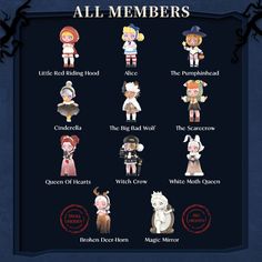 an image of all members of the little red riding hood character list for halloween season