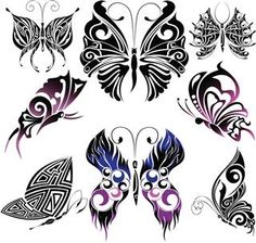 butterfly tattoo designs on white background with purple and black butterflies in different shapes, sizes and colors