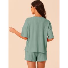 Elevate your relaxation with the Cheibear Women's Lounge Outfits, crafted for supreme comfort and effortless style. This pajama set features a casual round neck top with short sleeves and matching shorts, both designed in a chic ribbed texture and a soothing green hue.

- Material: 95% Polyester, 5% Spandex
- Color: Green
- Gender: Female
- Size: Large
- Features: Breathable, moisture-wicking, skin-friendly fabric

Ideal for lounging around the house or enjoying a peaceful night's sleep, this se Comfortable Solid Color Sleepwear For Relaxation, Solid Color Relaxed Fit Sleepwear For Relaxation, Cozy Crew Neck Sleepwear For Pajama Party, Soft Cotton Sleepwear For Pajama Party, Relaxed Fit Solid Color Sleepwear, Solid Color Relaxed Fit Sleepwear, Solid Color Relaxed Fit Sleepwear For Lounging, Solid Color Comfortable Sleepwear With Relaxed Fit, Comfortable Solid Color Relaxed Fit Sleepwear