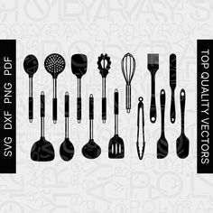 the silhouettes of kitchen utensils are shown in black on a white background