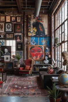 a living room filled with lots of furniture and pictures on the wall above it's windows